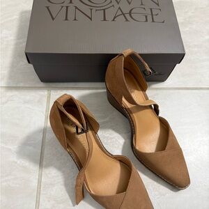 Crown Vintage Brown Suede Pointed Ankle-Strap Wedges